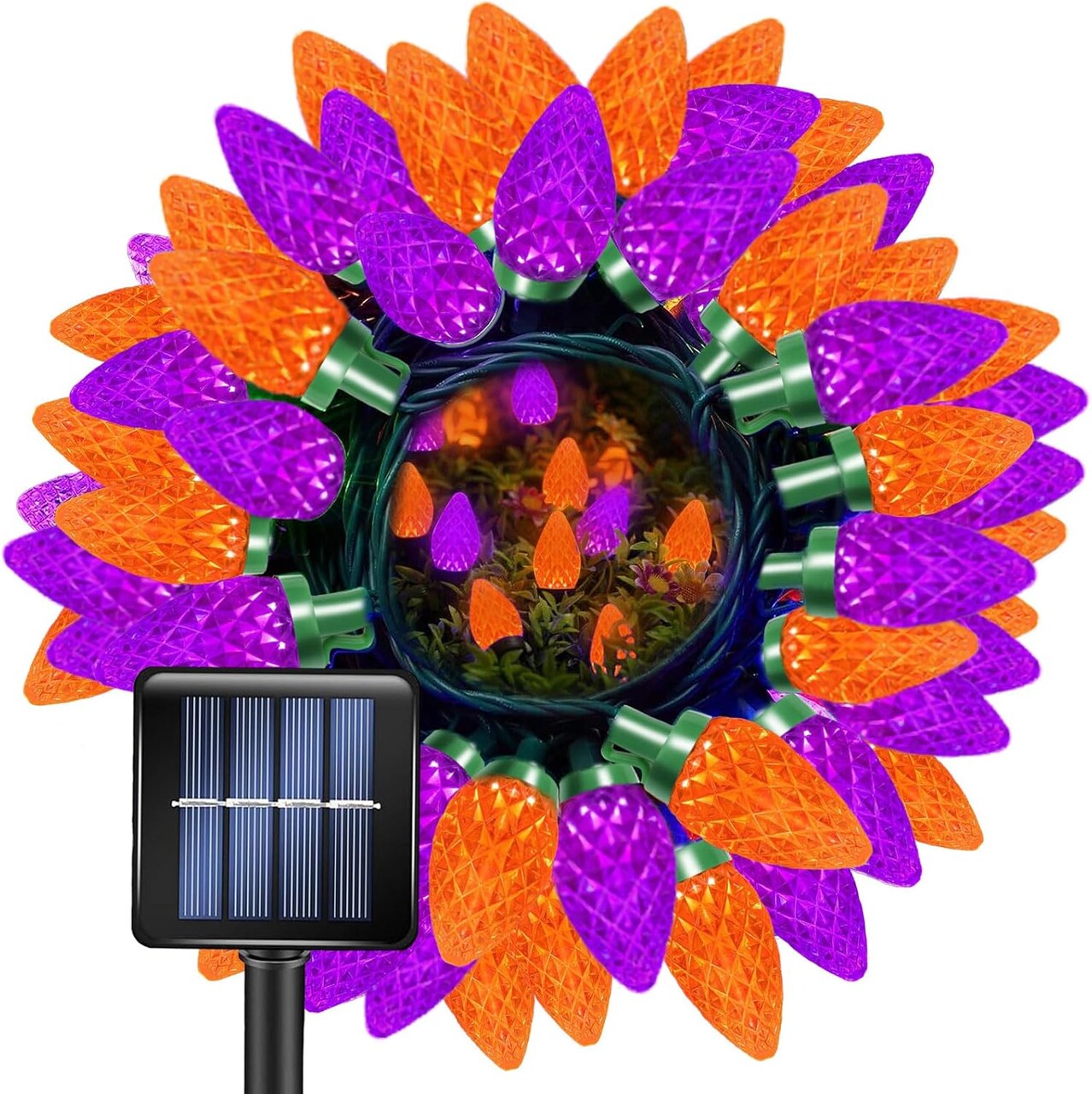 C7 Solar Powered LED Strawberry String Lights – 50 LED Waterproof Orange & Purple, Green Wire, Outdoor Christmas & Halloween Patio Lights (orange&purple)